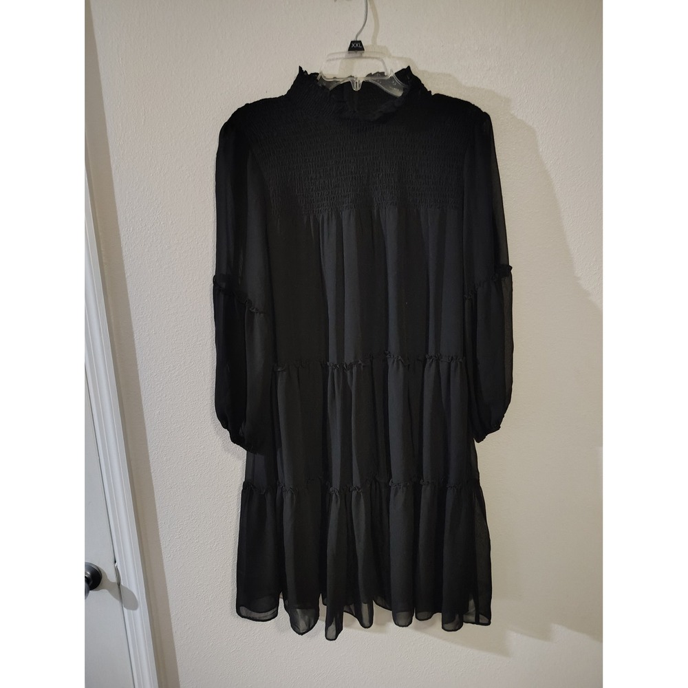 Maison Tara Black Smocked Mock Neck Tiered Chiffon Mini Dress Size 12